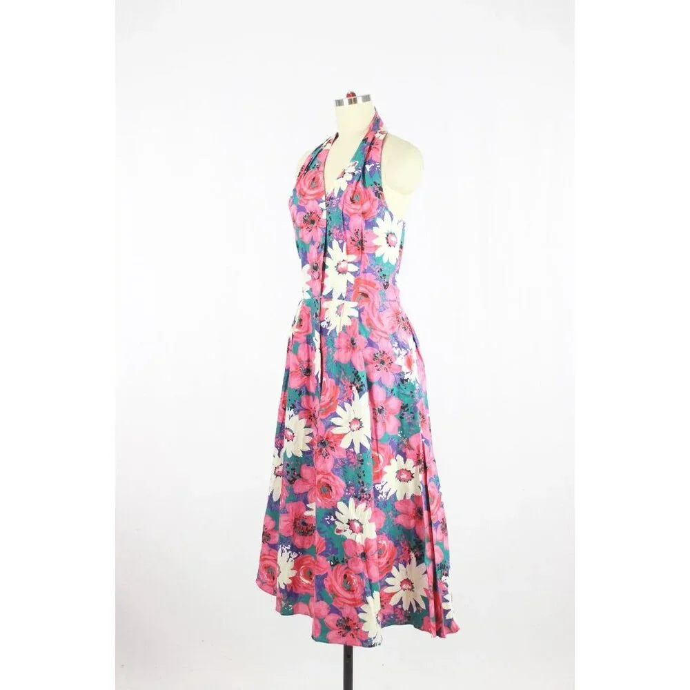 Vintage 80's CANNES Pink Floral Cotton Canvas Halter Midi Circle Dress, Size 14 - Picture 5 of 15